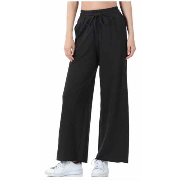Wide Leg Relaxed French Terry Drawstring Raw Edge Hem Pants - Picture 5 of 5